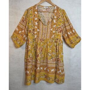 Chigant Boho Midi Tuni Dress Yellow Whimsy Floral Horses Print & Pockets Size M